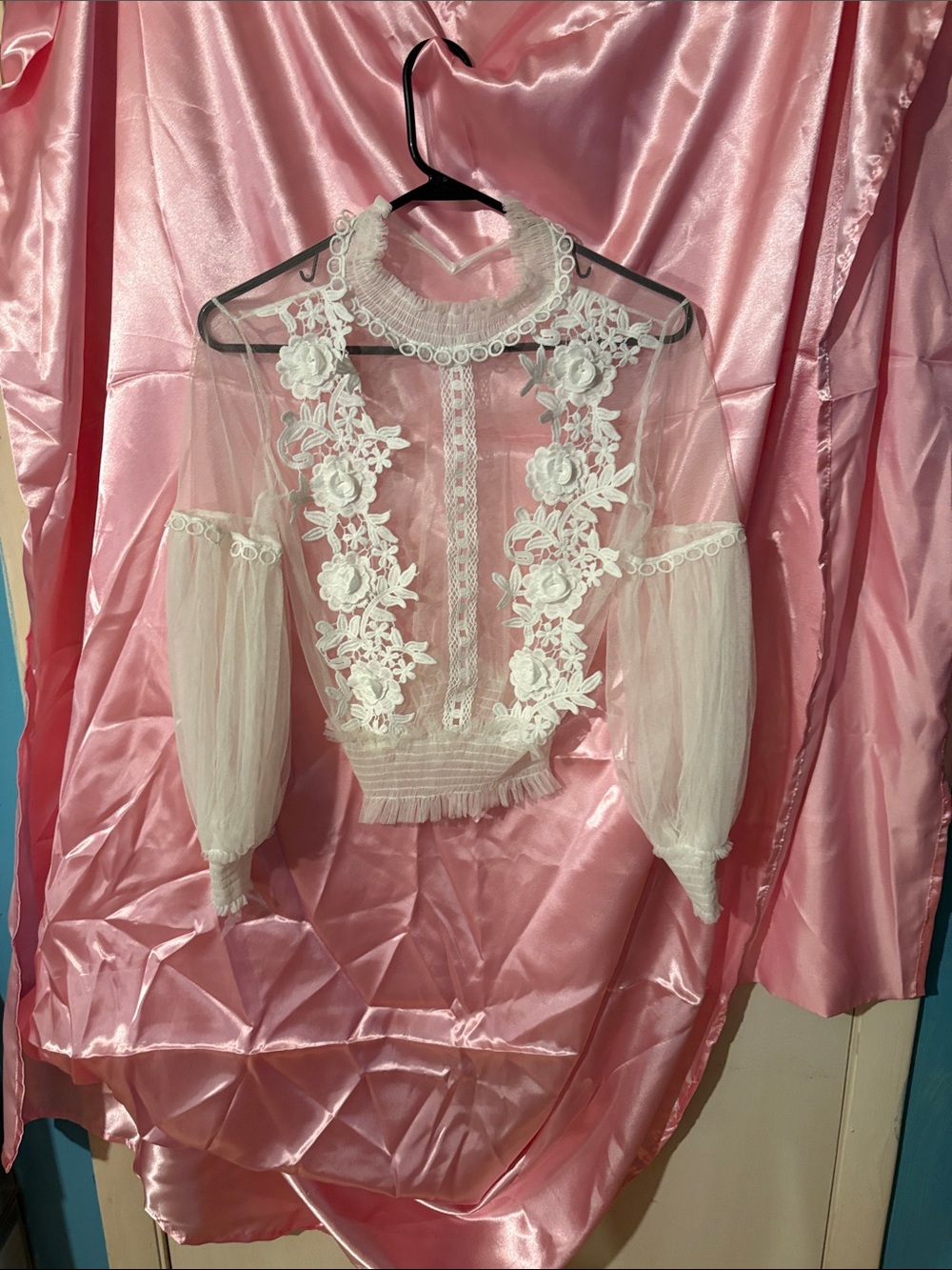Sheer White Lace Floral-Embroidered Puff Sleeve Top